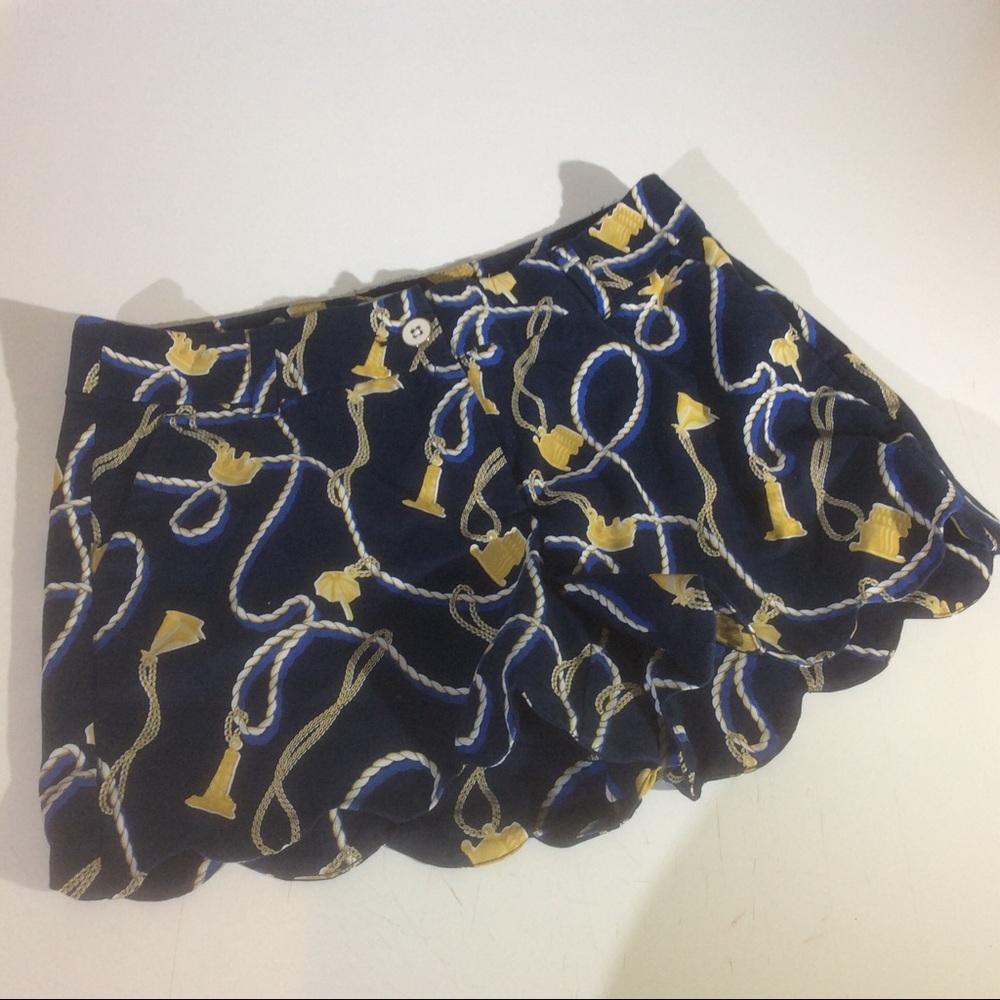 Crown & Ivy Sz 8 P Navy Blue Scalloped Hem Shorts Shelby Gold Rope Print Pockets